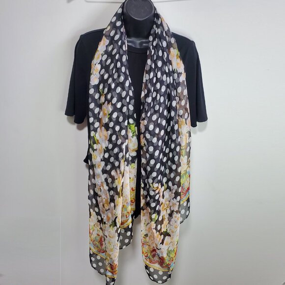 VINTAGE 100% Silk Polka Dot Floral Scarf Shawl Wrap Sheer Retro Pin-Up 72" x 35" - Picture 3 of 11